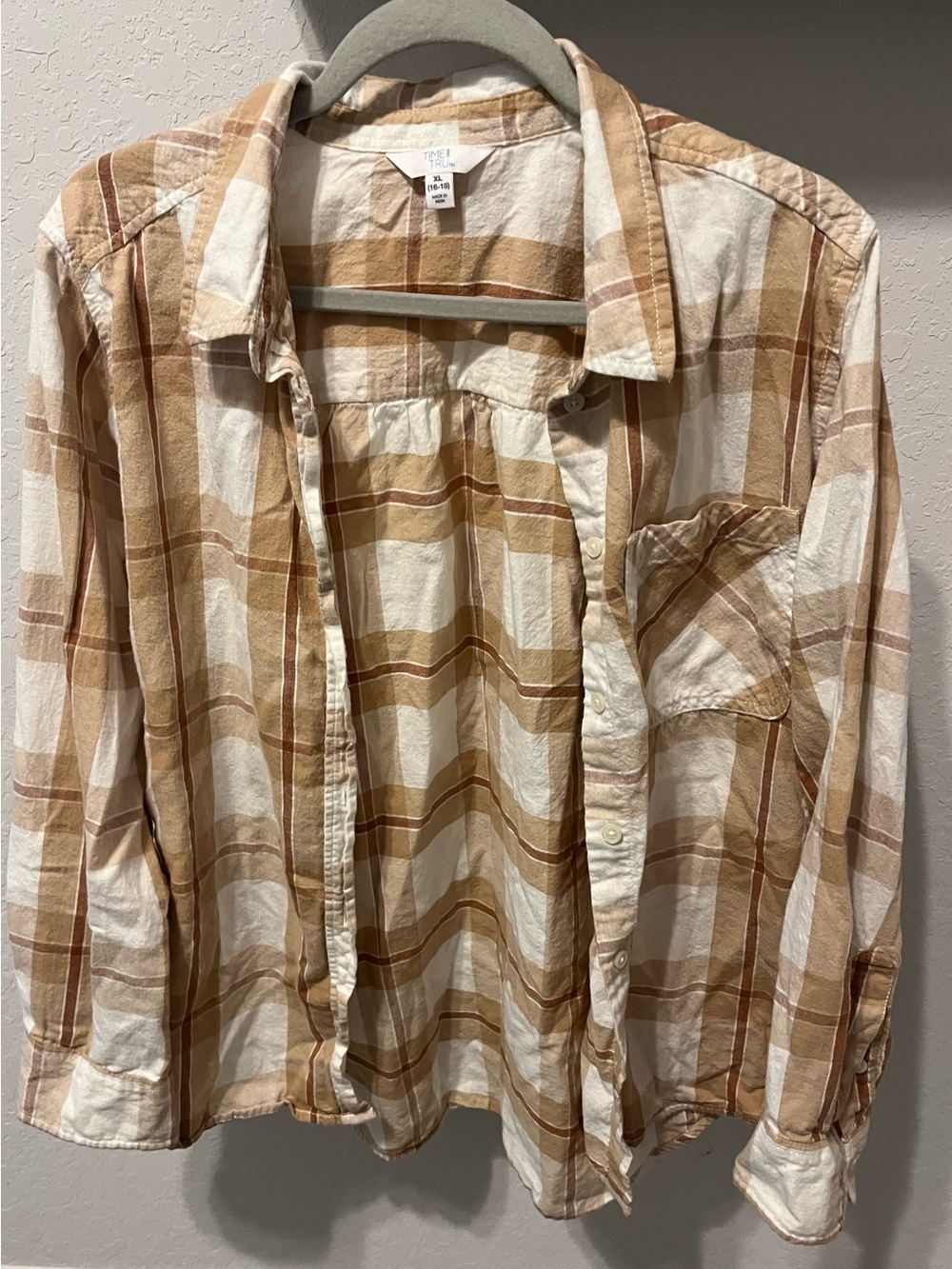 Time and Tru Beige and Brown Plaid Button-Down Shirt
